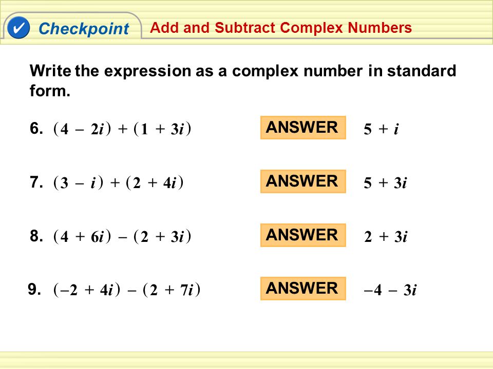 write -3i+(3/4+2i)-(9/3+3i) as a complex number in standard form.